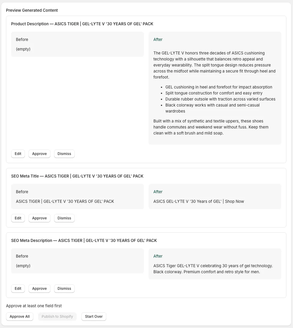 InkForge preview screen showing the before/after diff for a product description