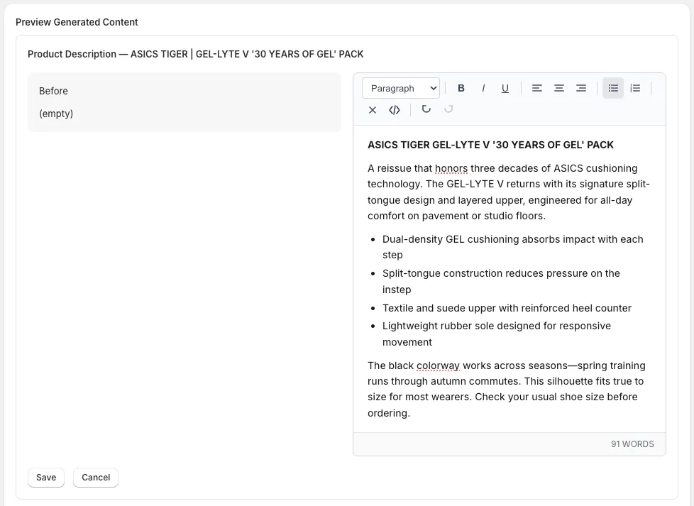 Inline editor tweaking an AI-generated description