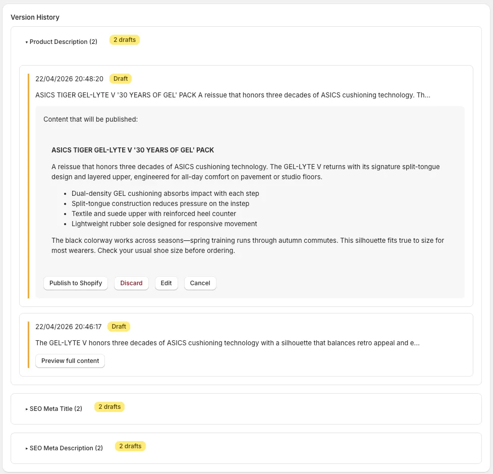 Version history panel with rollback buttons