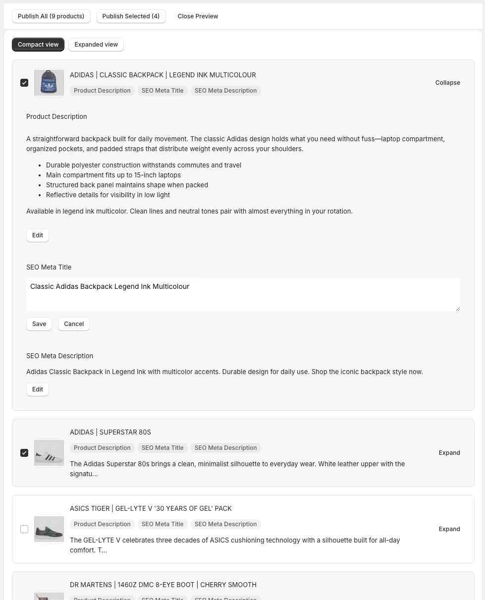 Bulk approval screen with per-row controls