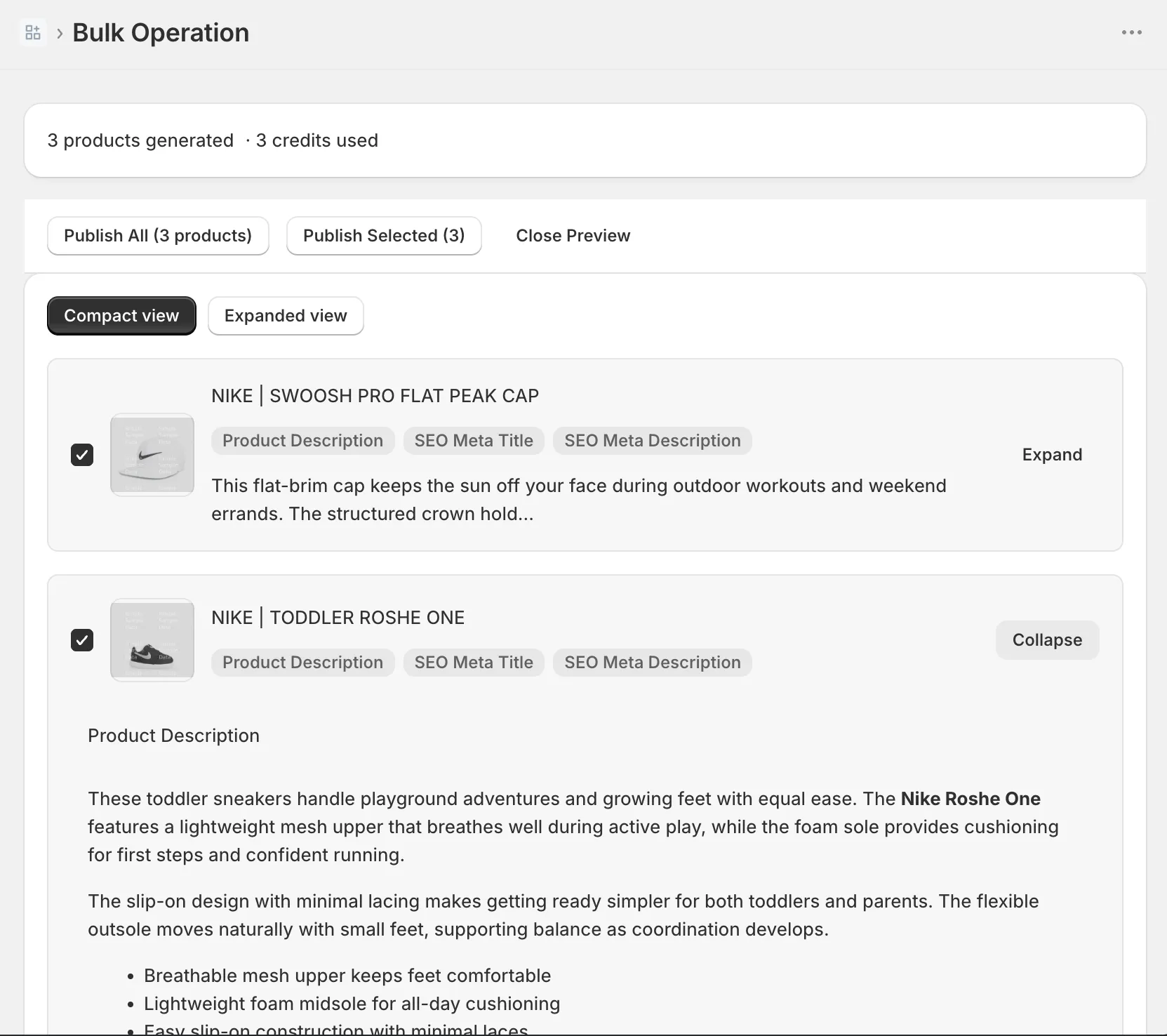 InkForge bulk operation screen: generated products with per-row checkboxes and publish selected controls