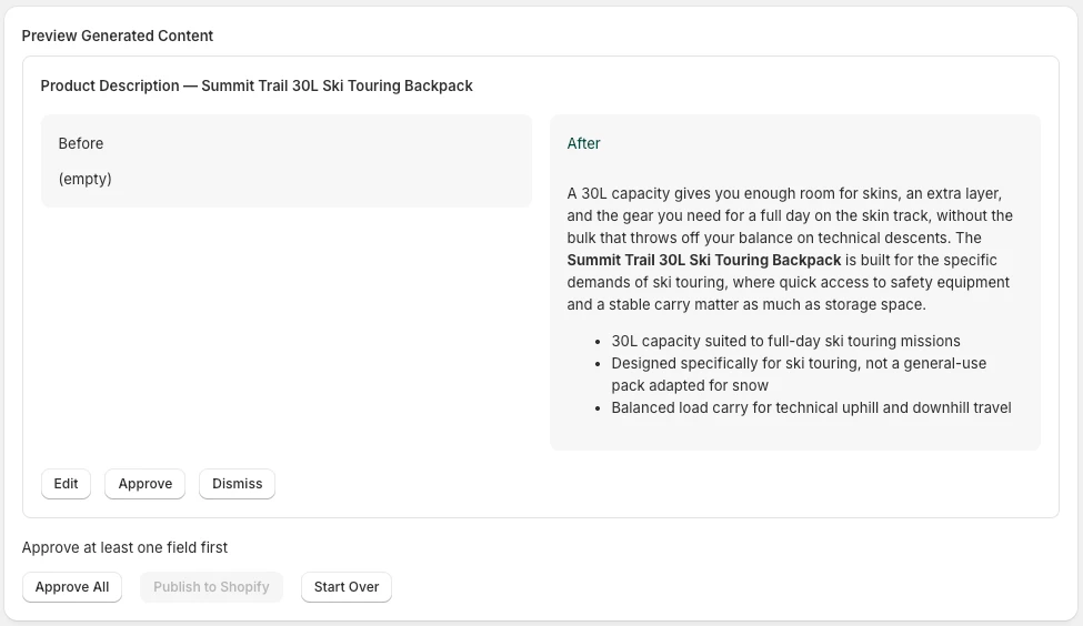 Before and after preview of a generated product description with Edit, Approve, and Dismiss buttons