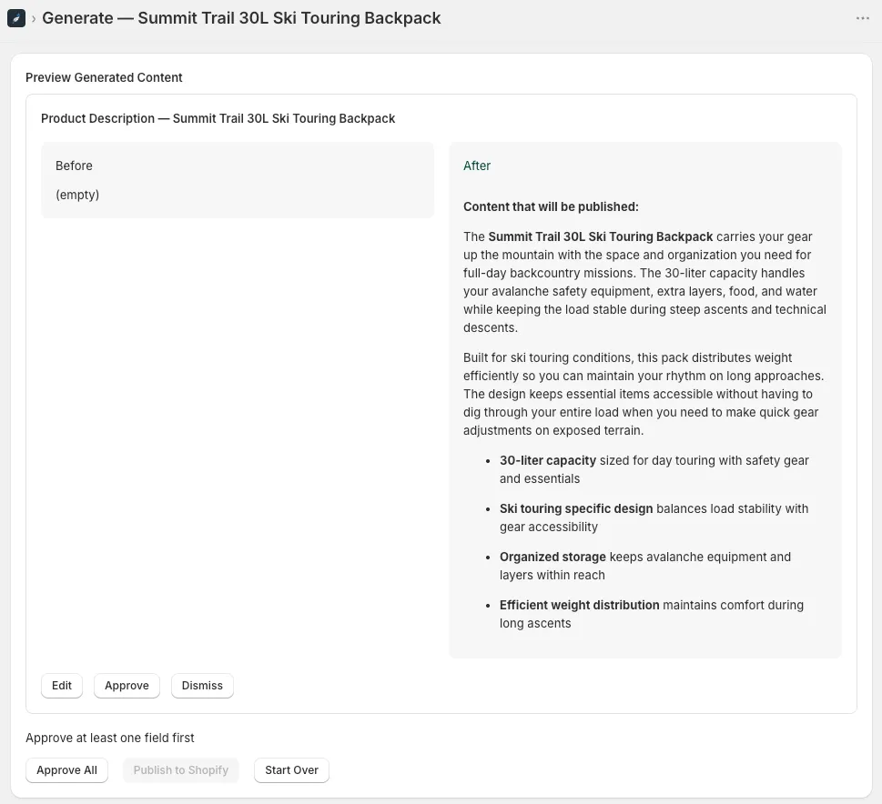 Generating a description with preview before anything is published