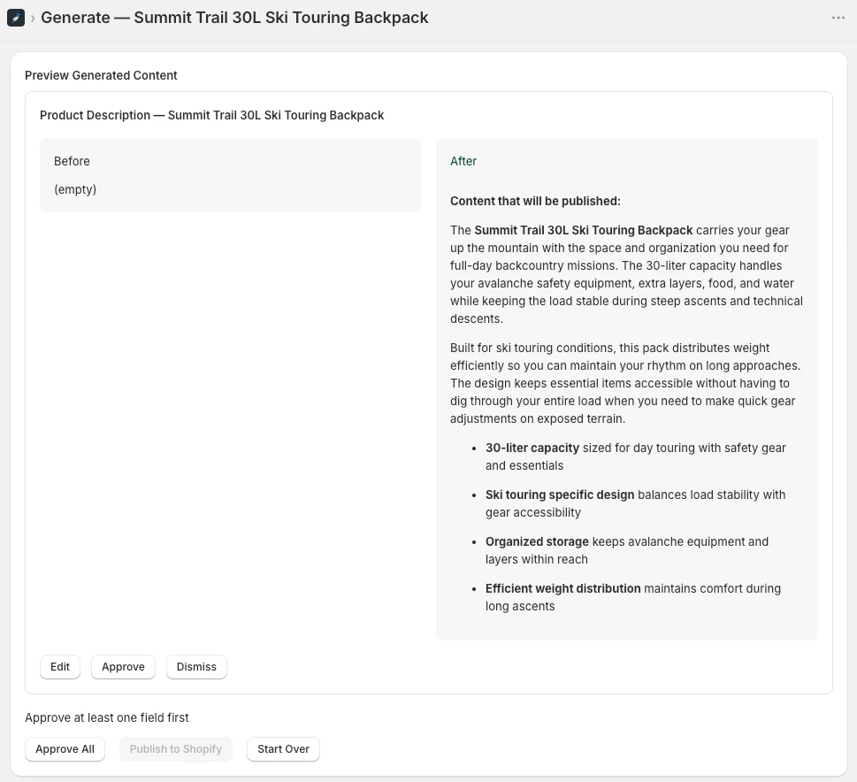 InkForge generate screen: before and after preview of a product description with Edit, Approve, and Publish to Shopify controls