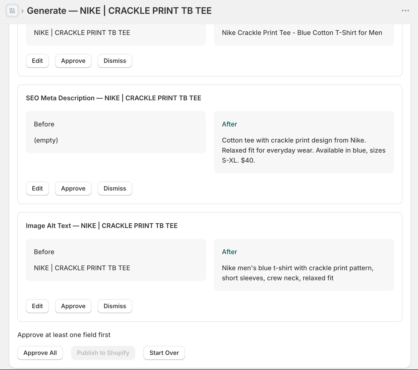Side-by-side before and after comparison for SEO meta description and image alt text