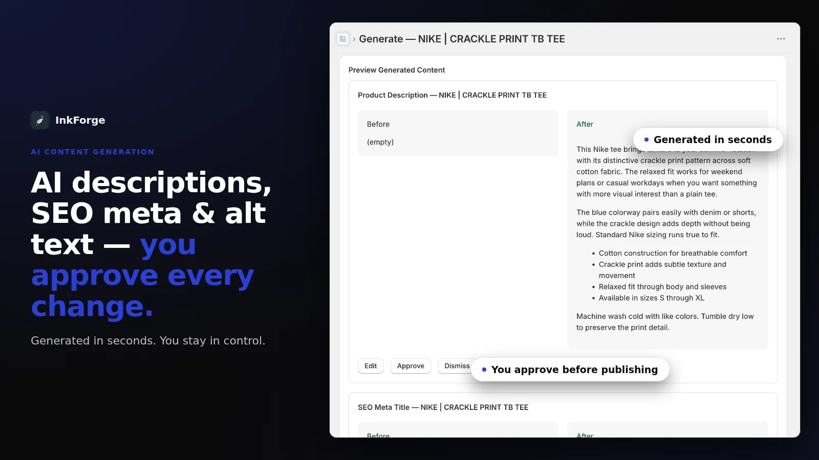 AI descriptions, SEO meta and alt text: you approve every change. Generate screen with a before and after description preview.