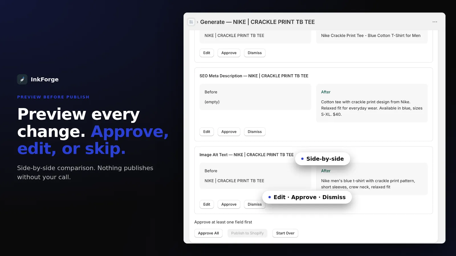 Preview every change. Approve, edit, or skip. Side-by-side comparison for SEO meta description and image alt text.