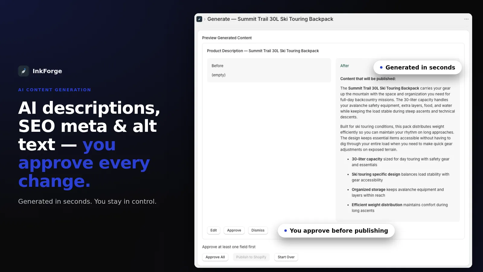 AI descriptions, SEO meta and alt text: you approve every change. Generate screen for a second product, same approval flow.