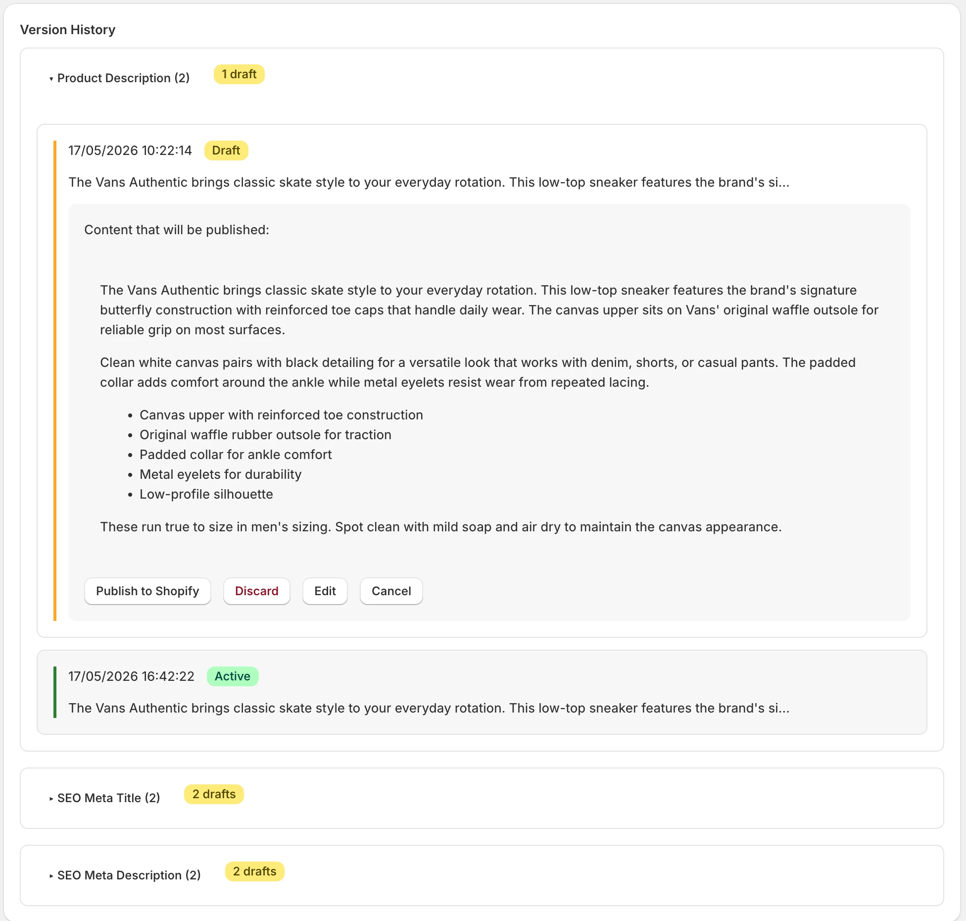 Version history timeline with draft and active versions and a restore action